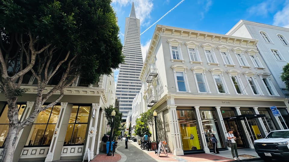 Historic white commercial buildings and plane trees in Jackson Square, the Transamerica Pyramid rising behind them.