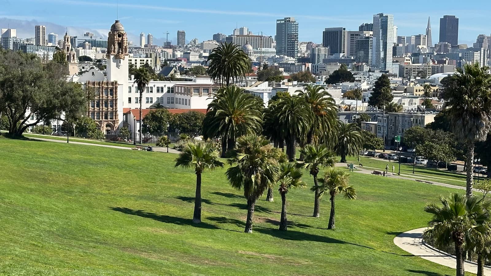 Dolores Park's palm-lined lawn rising toward the San Francisco skyline, with the downtown towers on the horizon.