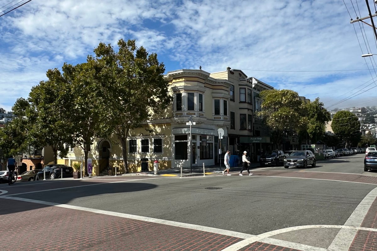 The corner of 24th and Sanchez Streets in Noe Valley, San Francisco, a pale-yellow Victorian above ground-floor shops beneath mature street trees.